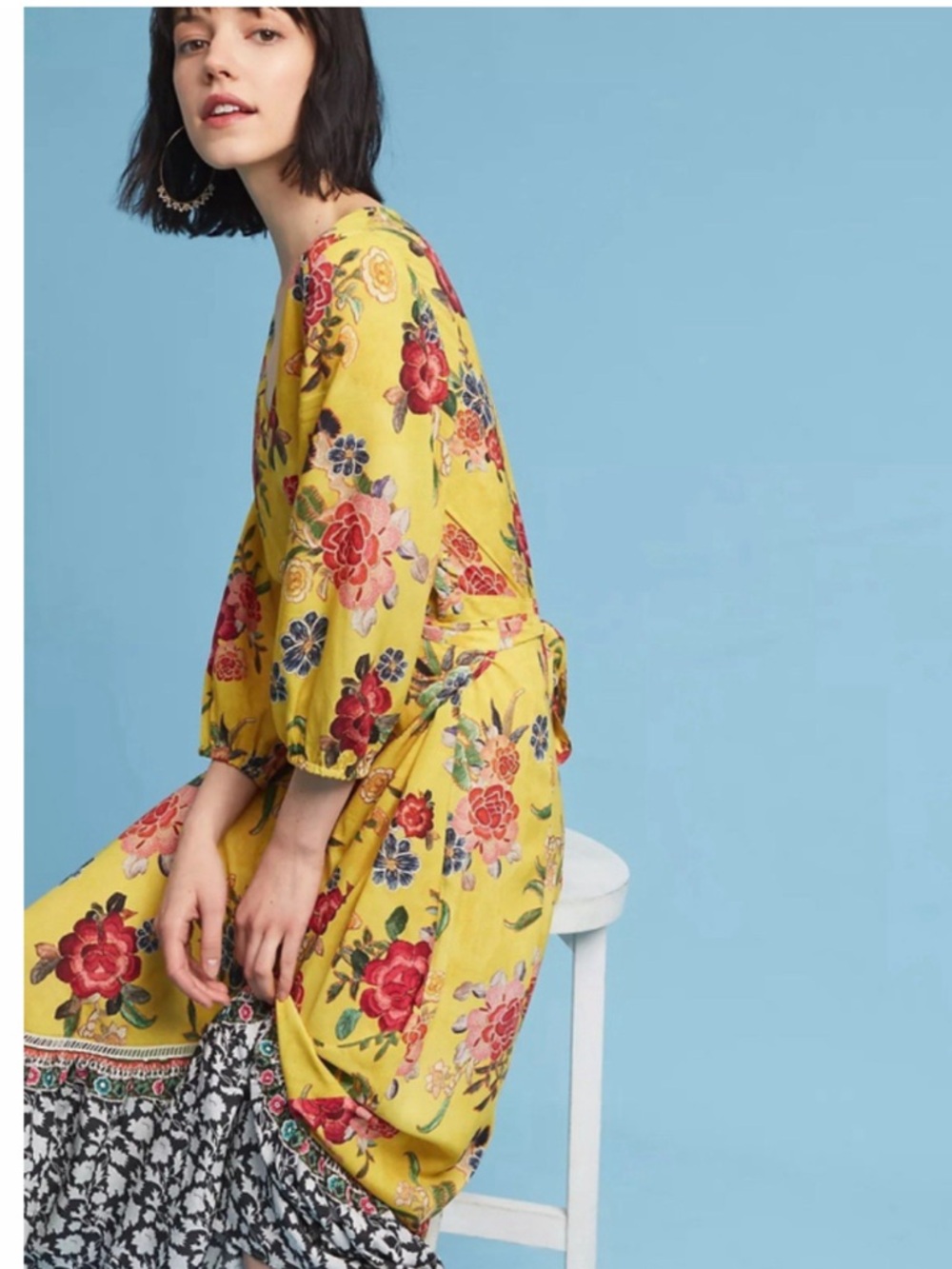 FARM Rio Mustard Floral Wrap Maxi Dress with Black Floral Contrast Hem